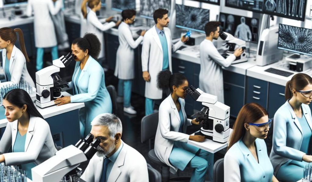 A modern medical laboratory filled with high-tech equipment and machinery, with scientists working diligently to analyze samples and improve patient care.